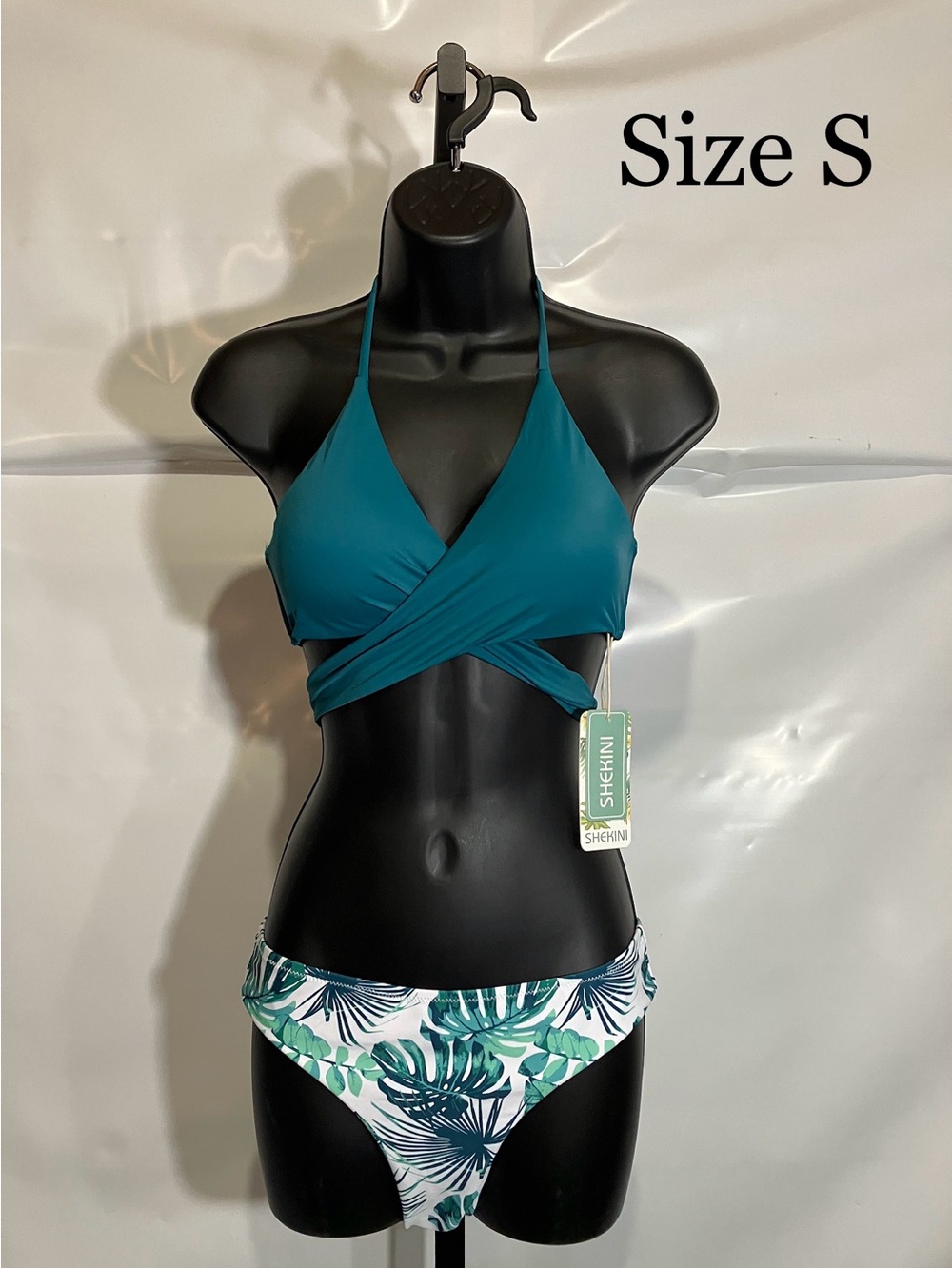 Women’s Teal Wrap Halter Bikini Top with Leaf-Print Bottom Size Small